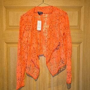 bebe Neon Orange Crochet Drape Cardigan